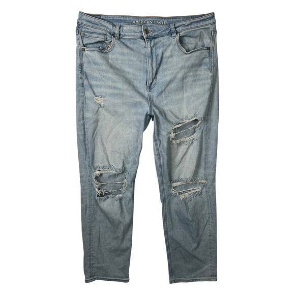 American Eagle AE Mom Straight Jeans Stretch High Rise Ripped Light Wash 18 Plus - Picture 1 of 8